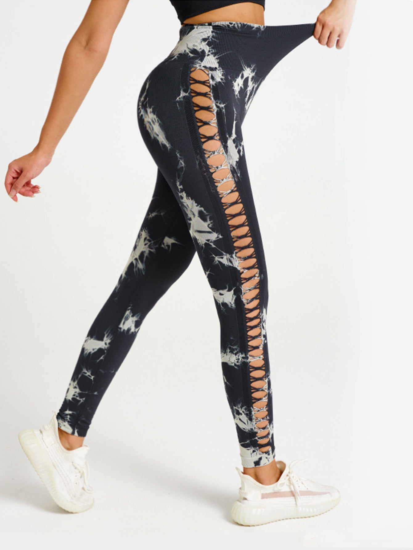 Cut Out Side Hollow Tie Dyed Yoga Pants, High Waist and Hip Lifting Fitness Pants with Side Hollow Seamless Sports Tights, Workout Gym Yoga Pants Scrunch Butt Lift Tights