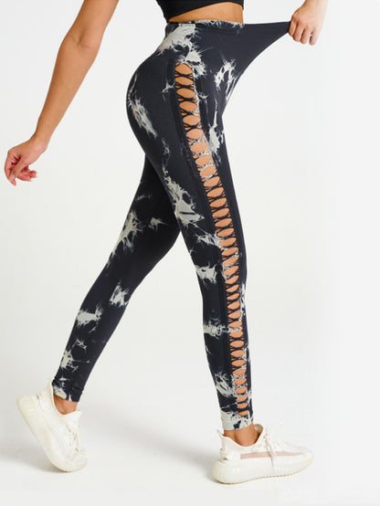Cut Out Side Hollow Tie Dyed Yoga Pants, High Waist and Hip Lifting Fitness Pants with Side Hollow Seamless Sports Tights, Workout Gym Yoga Pants Scrunch Butt Lift Tights