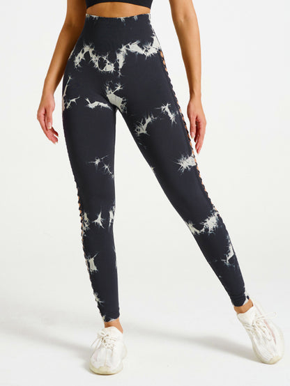 Cut Out Side Hollow Tie Dyed Yoga Pants, High Waist and Hip Lifting Fitness Pants with Side Hollow Seamless Sports Tights, Workout Gym Yoga Pants Scrunch Butt Lift Tights