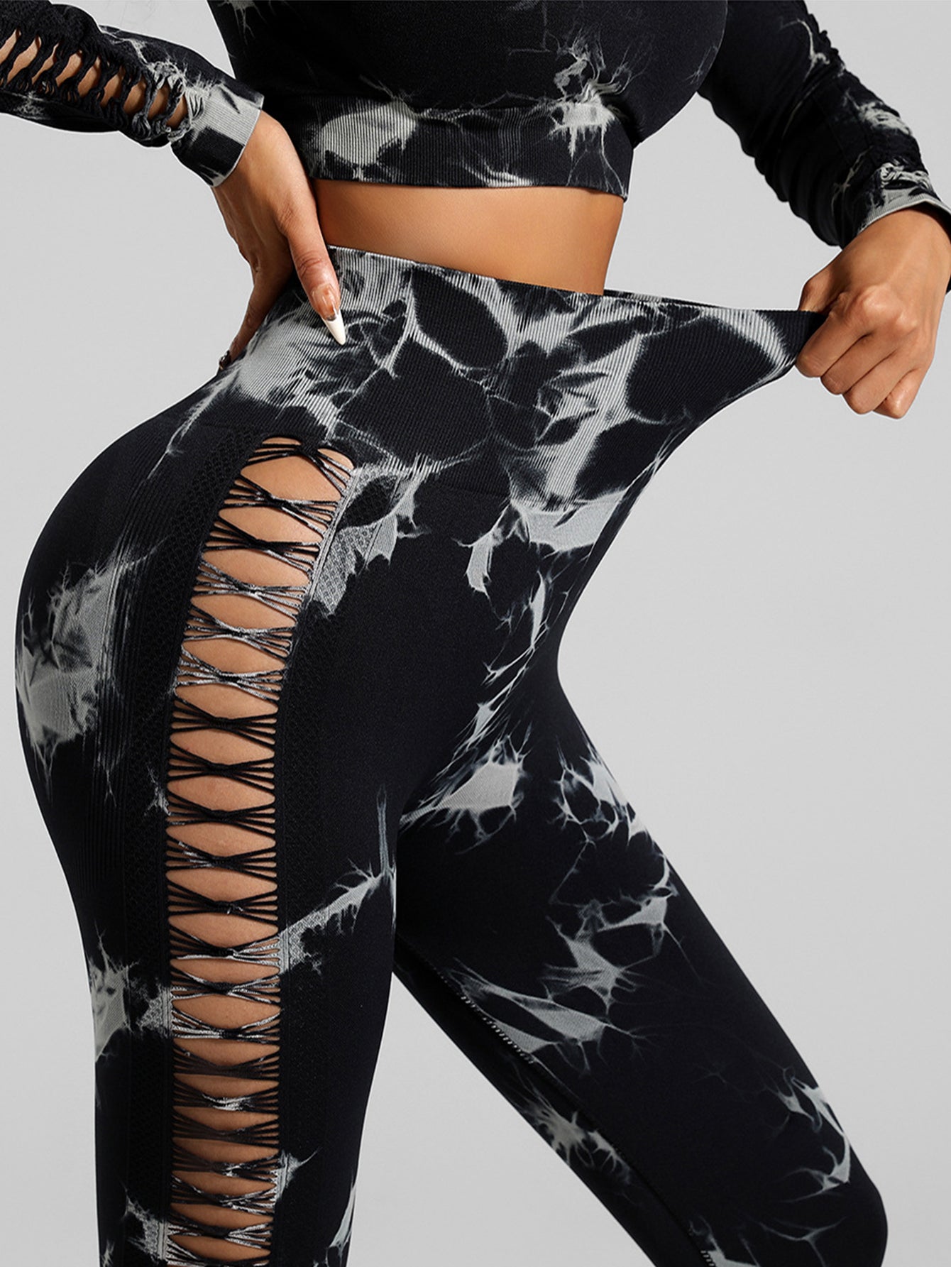 Cut Out Side Hollow Tie Dyed Yoga Pants, High Waist and Hip Lifting Fitness Pants with Side Hollow Seamless Sports Tights, Workout Gym Yoga Pants Scrunch Butt Lift Tights