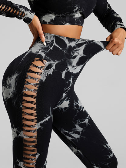 Cut Out Side Hollow Tie Dyed Yoga Pants, High Waist and Hip Lifting Fitness Pants with Side Hollow Seamless Sports Tights, Workout Gym Yoga Pants Scrunch Butt Lift Tights
